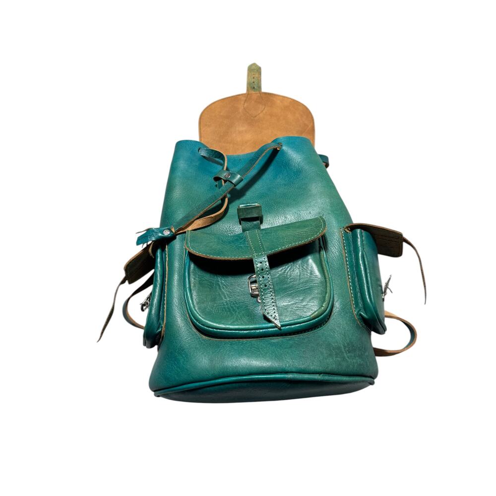 Vintage Backpack Bag Womens Teal Green Leather Rucksack Drawstring Buckle Pocket - Picture 3 of 16